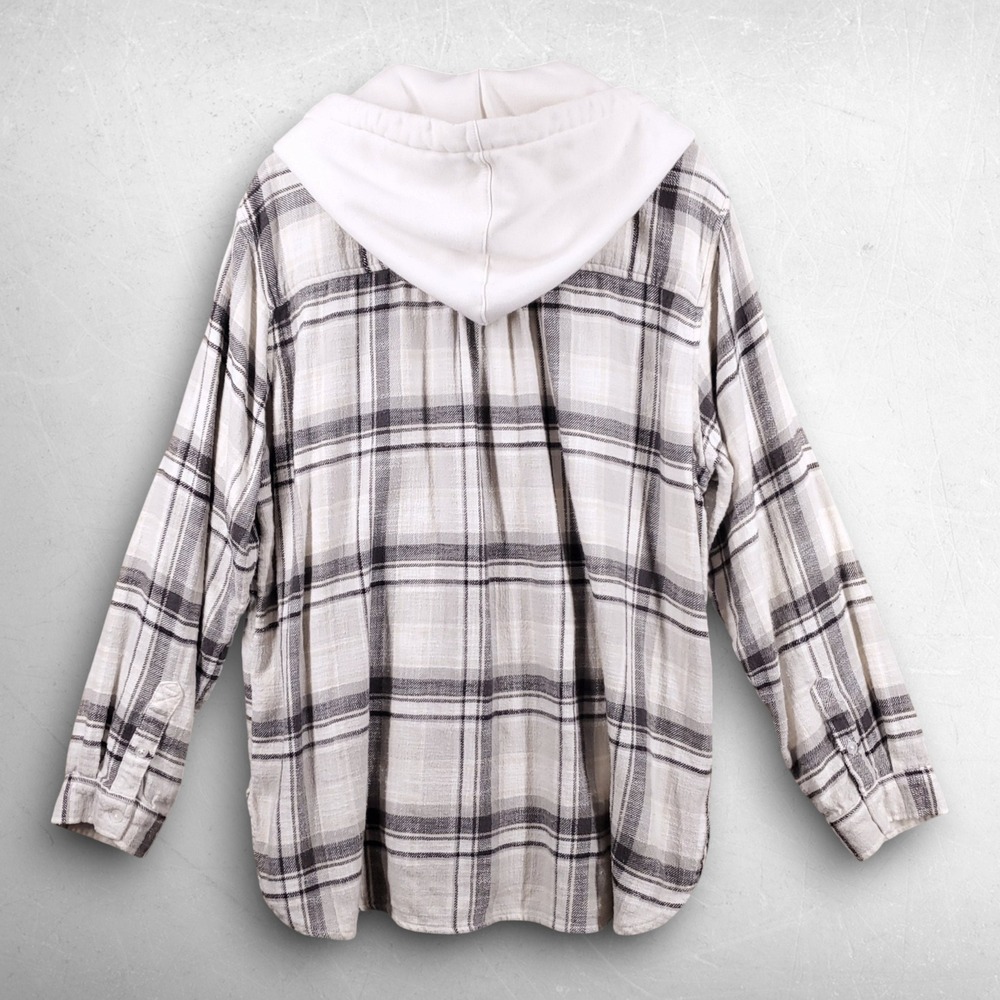 American Eagle Plaid Hooded Button Up Shirt Women L Gray Gorpcore Cabincore SOFT - Picture 2 of 11
